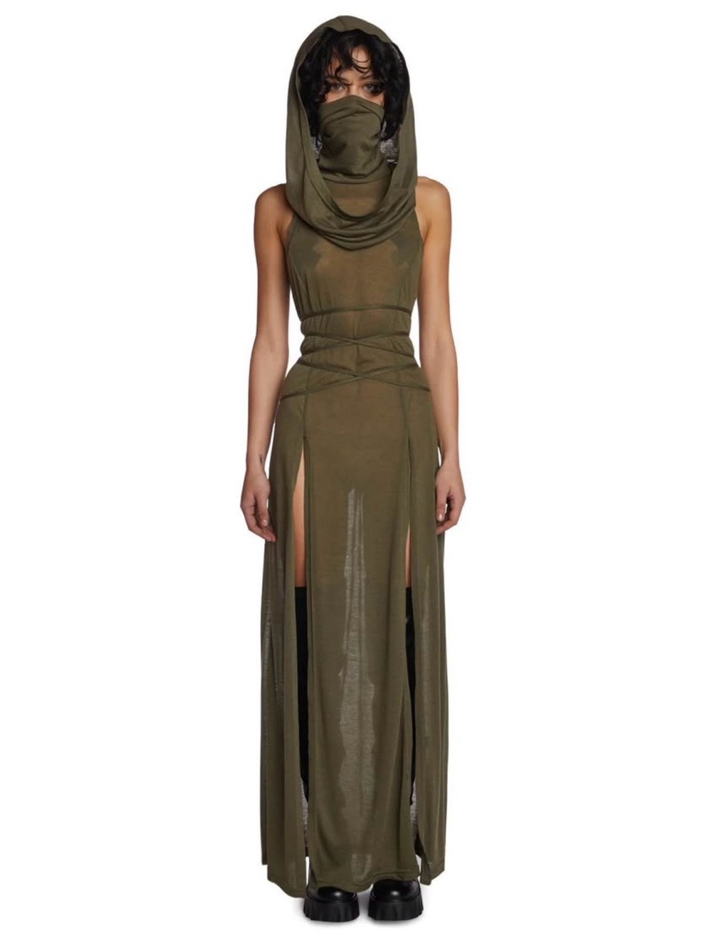 Echo Hooded Slit Maxi Dress in Olive Green